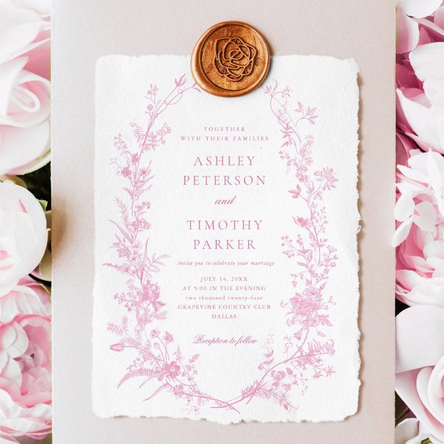 Elegant Fransk Rosa Toile Blommigt Bröllop Inbjudningar (Skapare uppladdad)