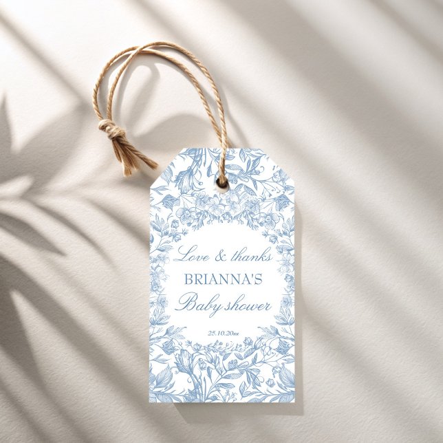 Elegant fransk toile blå baby shower-favor presentetikett (Elegant French toile dusty blue boy baby shower favor Gift Tags personalized favor tags botanical)