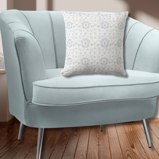 Elegant fransk Toile blå vit monogramnamn Kudde (Skapare uppladdad)