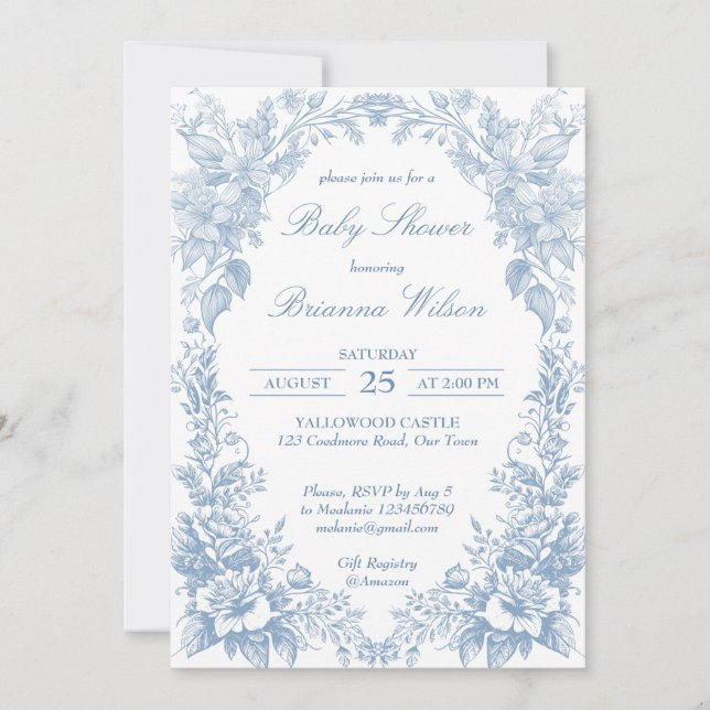 Elegant Fransk toile chinoiserie blue baby dusch Inbjudningar (Framsida)