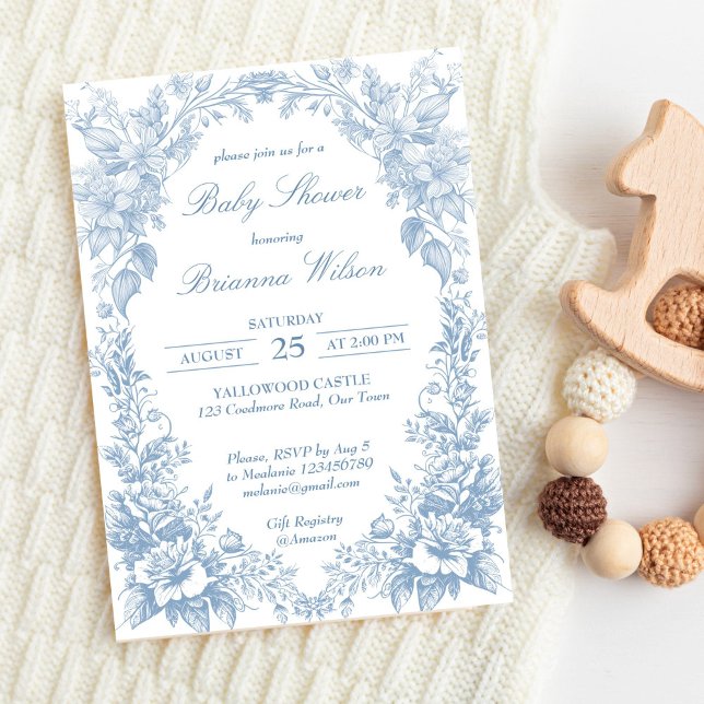 Elegant Fransk toile chinoiserie blue baby dusch Inbjudningar (Elegant French toile chinoiserie blue baby shower Invitation editable template boy baby shower)
