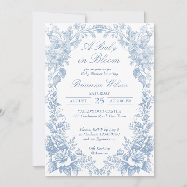 Elegant Fransk toile chinoiserie blue baby dusch Inbjudningar (Framsida)