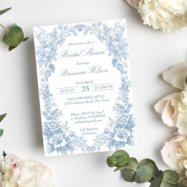 Elegant Fransk toile chinoiserie blue möhippa Inbjudningar (Elegant French garden toile chinoiserie dusty blue bridal editable Invitation instant download)