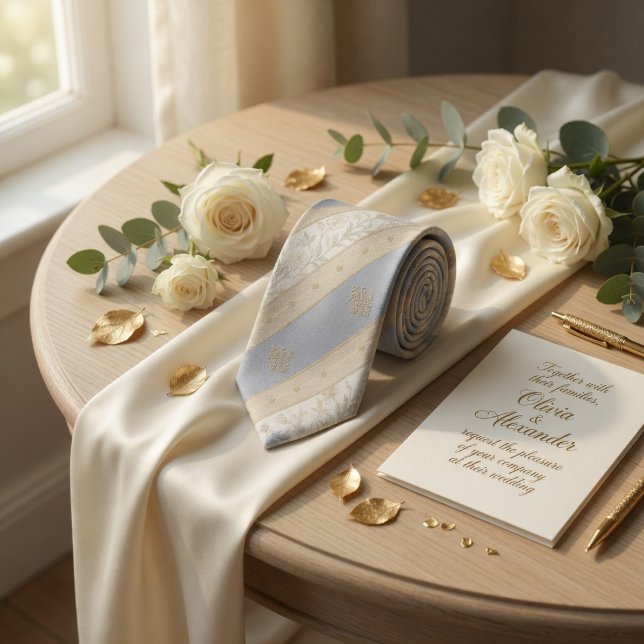 Elegant fransk Toile De Jouy blå beige damast Slips (Skapare uppladdad)