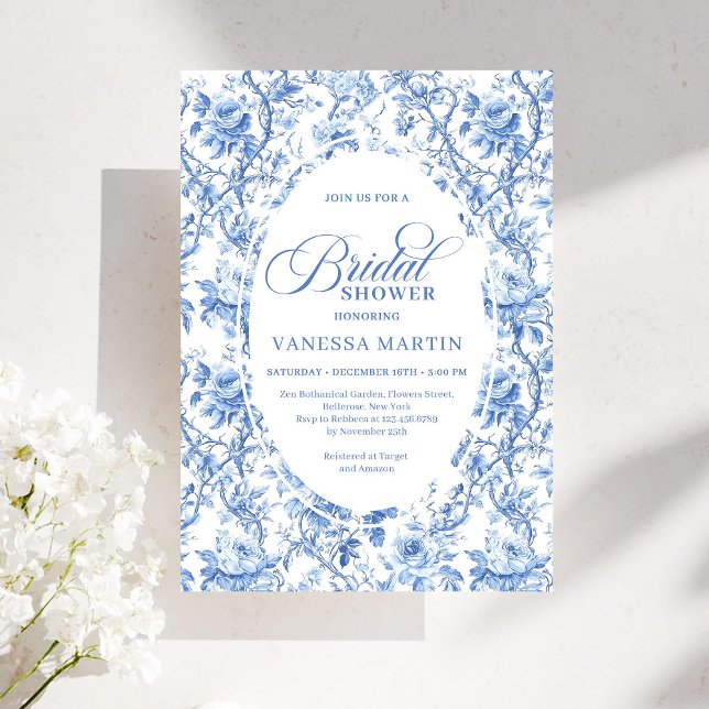 Elegant fransk Toile de Jouy blå rosbröllopsfest Inbjudningar (French Toile de Jouy Blue Roses Bridal Shower Invitation)