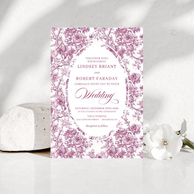 Elegant fransk Toile Rose-mönster bröllopsinbjudan Inbjudningar (Elegant French Toile Rose Pattern Wedding Invitation)