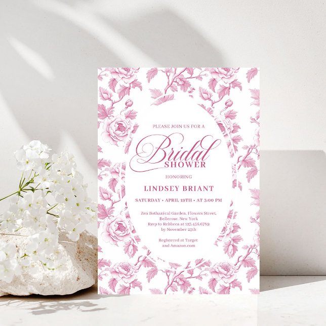 Elegant fransk Toile Rosor Rosa Bröllopsdusch  Inbjudningar (Elegant French Toile Roses Pink Bridal Shower Invitation)