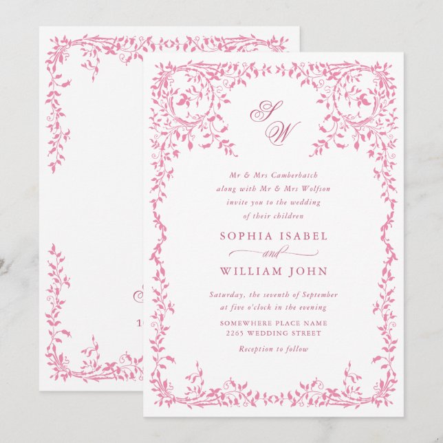 Elegant fransk utsmyckad blomster ram Bröllops QR- Inbjudningar (Fram/baksida)