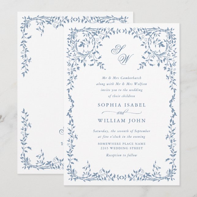 Elegant fransk utsmyckad blomster ram Bröllops QR- Inbjudningar (Fram/baksida)