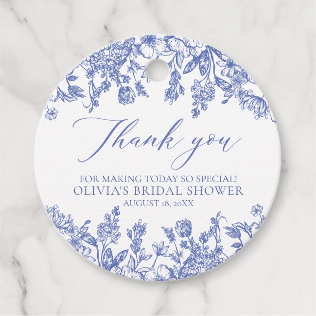 Elegant fransk viktoriansk blå blomsterbröllopsfes gåvor etiketter (Framsida)