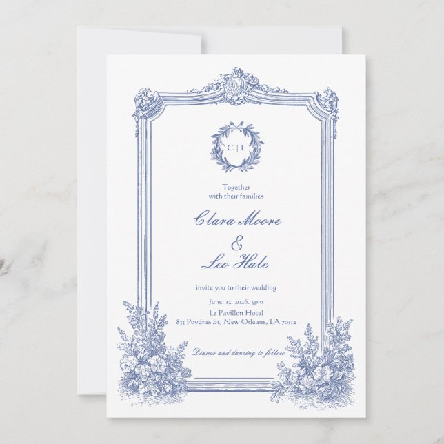 Elegant fransk viktoriansk blå blomstermässa inbjudningar (Framsida)