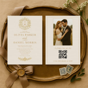 Elegant fransk viktoriansk foto QR-kod bröllop Inbjudningar