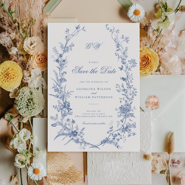Elegant Fransk Vintage blå Blommigt Spara datum Inbjudningar (Skapare uppladdad)