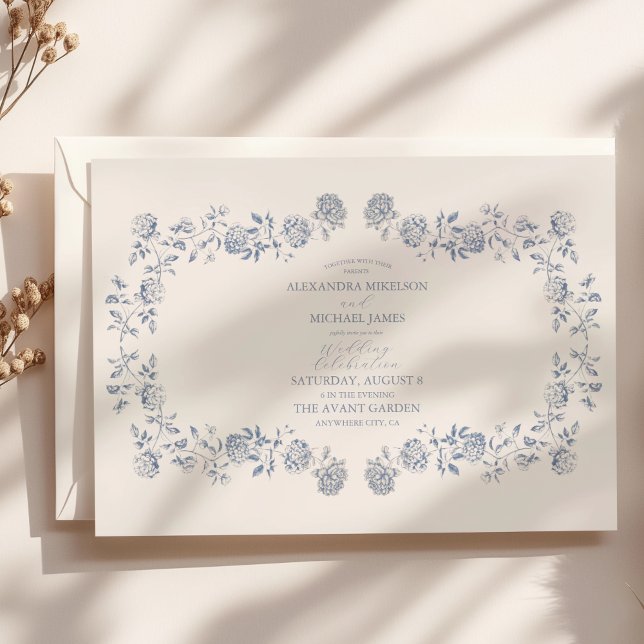 Elegant Fransk Vintage Blue Blommigt Bröllop Inbjudningar (Skapare uppladdad)
