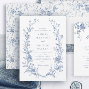 Elegant Fransk Vintage Blue Blommigt Bröllop Inbjudningar