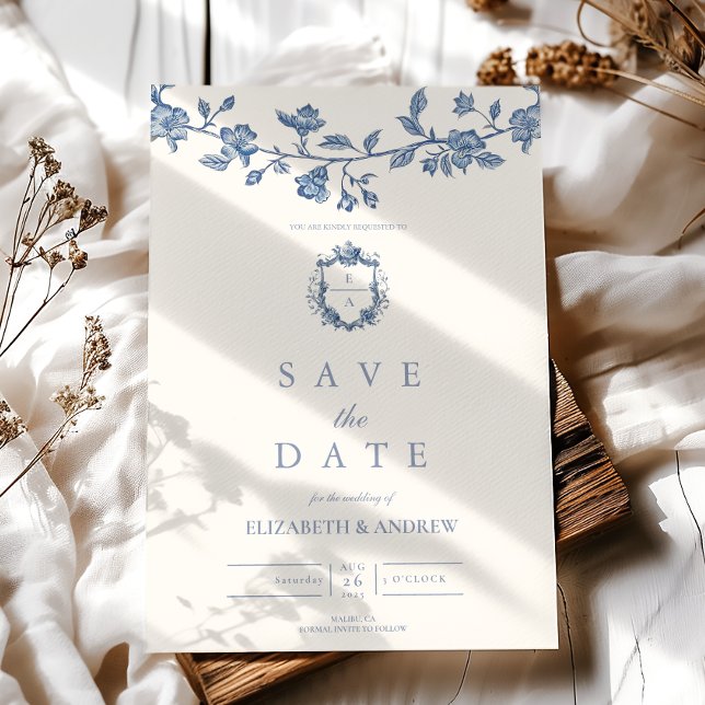 Elegant Fransk Vintage Blue Blommigt Bröllop Spara Datumet (Skapare uppladdad)