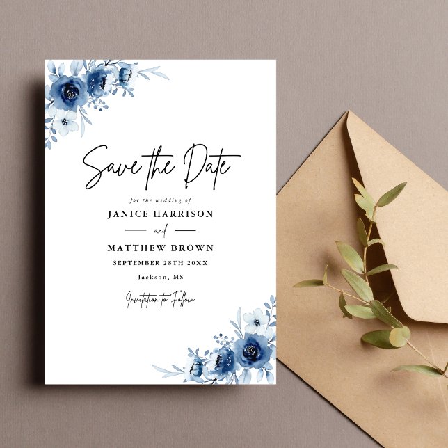 Elegant Fransk Vintage Blue Blommigt Bröllop Spara Datumet (Skapare uppladdad)