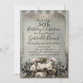 Elegant Fransk Vintage Randig Blommig Champagne Inbjudningar