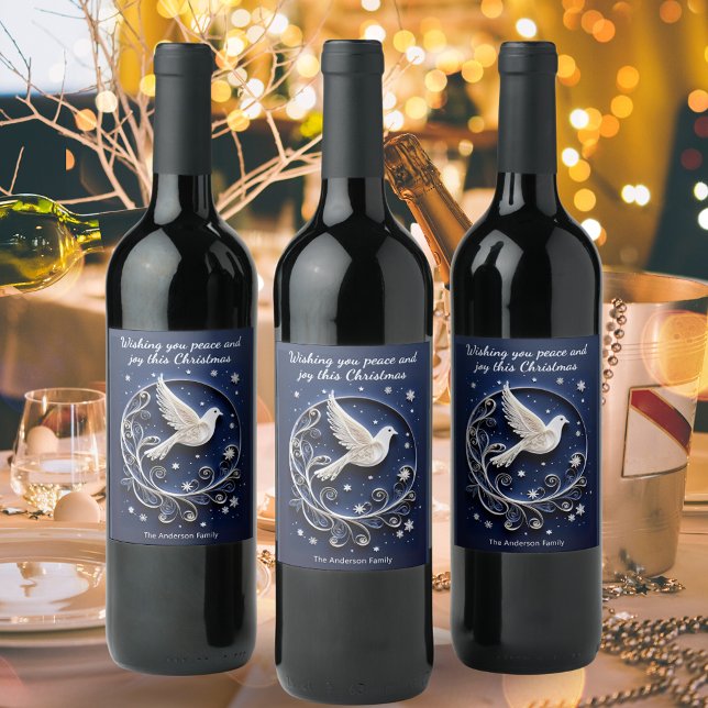 Elegant Fredsduva Falsk Pappershantverk Chic Jul Vinflaska Etikett (Personalized Christmas wine bottle labels with dove of peace design in dark blue and white)