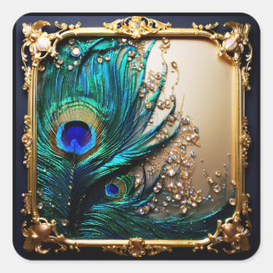 Elegant fredsfågelfjäder art nouveau ram guld fyrkantigt klistermärke