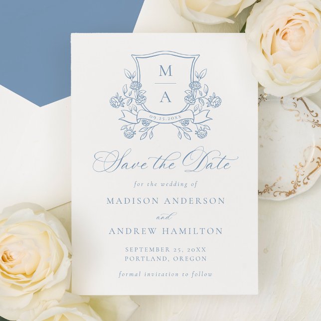 Elegant French Blue Floral Crest Wedding Spara Datumet (Skapare uppladdad)