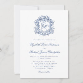 Elegant French Blue Monogram Crest Wedding Inbjudningar