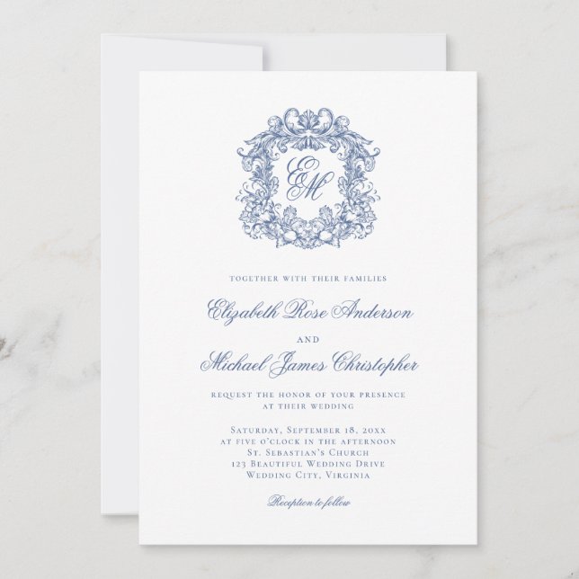 Elegant French Blue Monogram Crest Wedding Inbjudningar (Framsida)