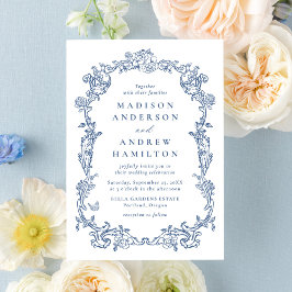 Elegant French Blue Victorian Floral Frame Wedding Inbjudningar