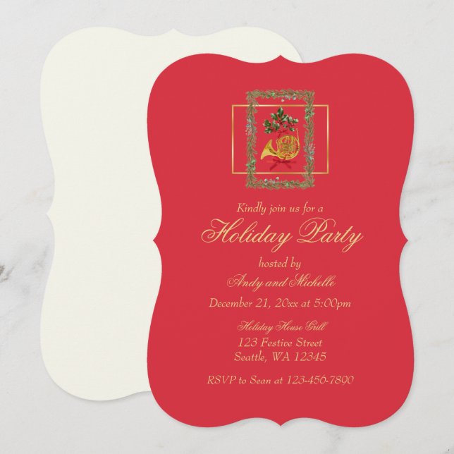 Elegant French Horn Christmas Cherry Red Flat Card (Fram/baksida)