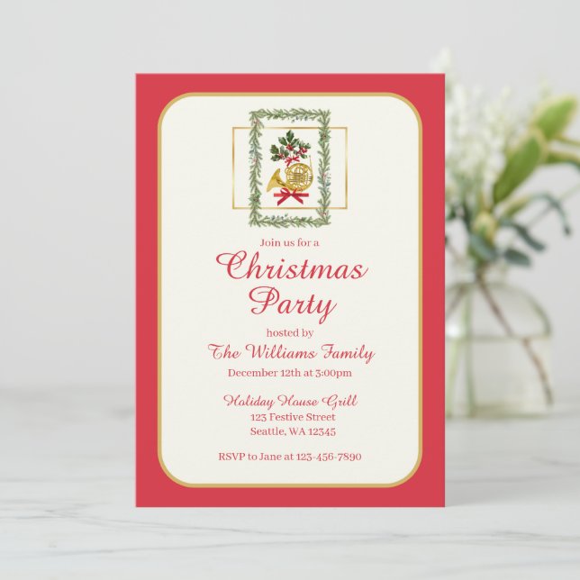 Elegant French Horn Christmas Cherry Red Inbjudningar (Stående Fram)