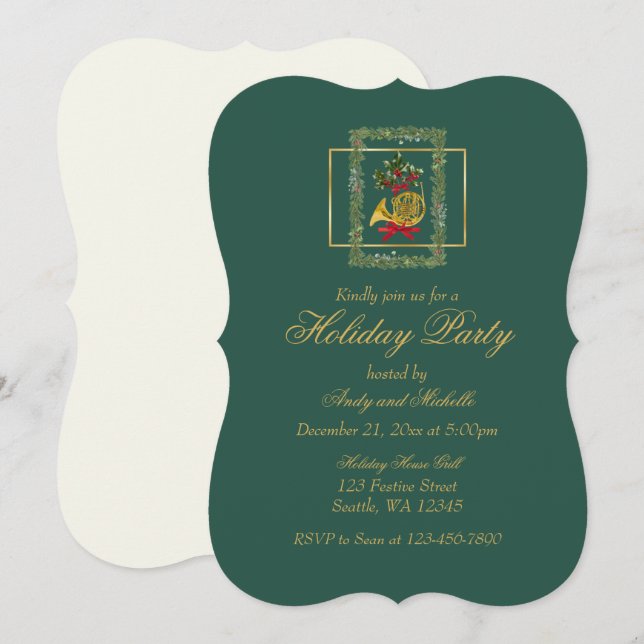 Elegant French Horn Christmas Dark Green Flat Card (Fram/baksida)