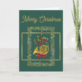 Elegant French Horn Christmas Dark Green Helgkort
