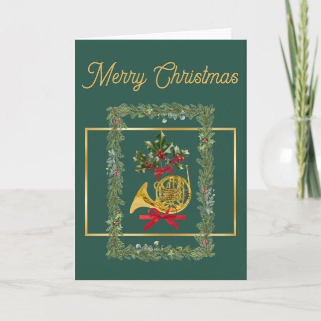 Elegant French Horn Christmas Dark Green Helgkort (Framsida)
