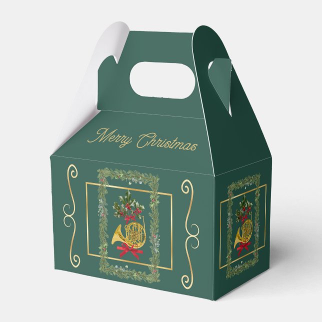 Elegant French Horn Christmas Dk Green Favor Boxes Presentaskar (Framsidan Sidan)