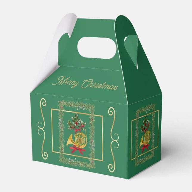 Elegant French Horn Christmas Green Favor Boxes Presentaskar (Framsidan Sidan)
