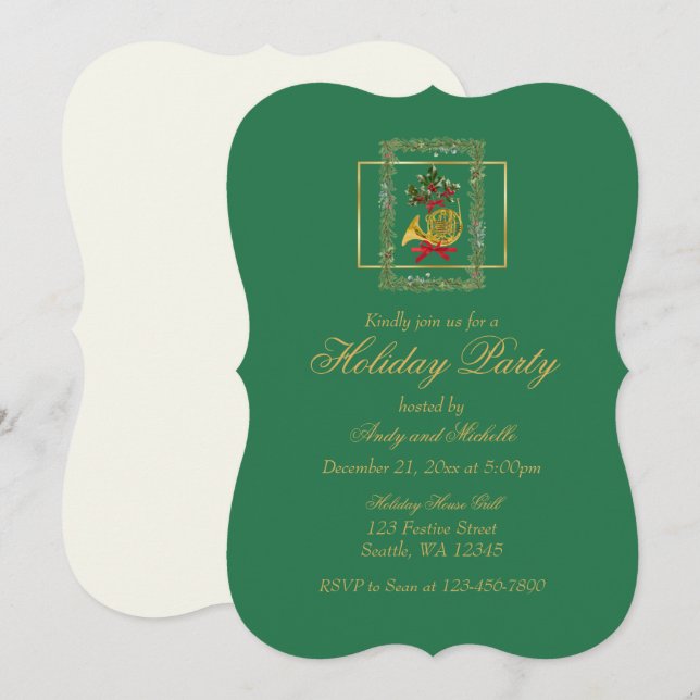 Elegant French Horn Christmas Green Flat Card (Fram/baksida)
