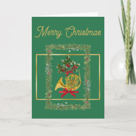 Elegant French Horn Christmas Green Helgkort