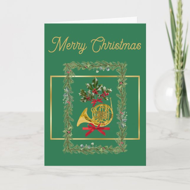 Elegant French Horn Christmas Green Helgkort (Framsida)