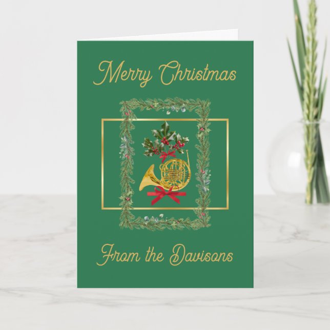 Elegant French Horn Christmas Green Helgkort (Framsida)
