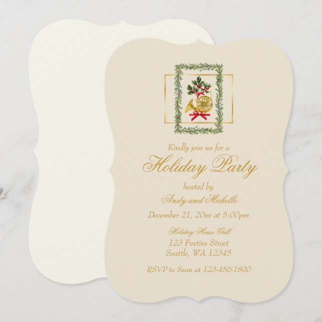 Elegant French Horn Christmas Irish Cream Card (Fram/baksida)