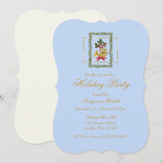 Elegant French Horn Christmas Light Blue Flat Card (Fram/baksida)