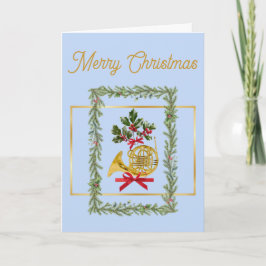 Elegant French Horn Christmas Light Blue Helgkort