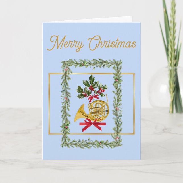 Elegant French Horn Christmas Light Blue Helgkort (Framsida)