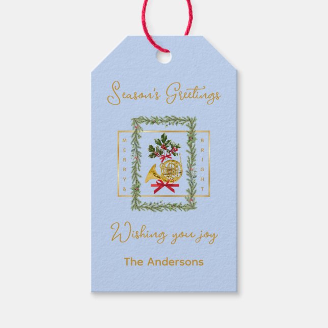 Elegant French Horn Christmas Light Blue Presentetikett (Framsidan)