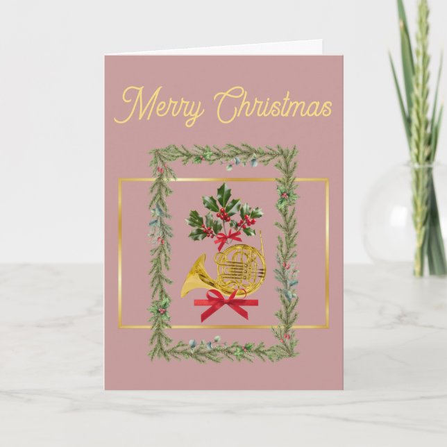 Elegant French Horn Christmas Light Mauve Helgkort (Framsida)