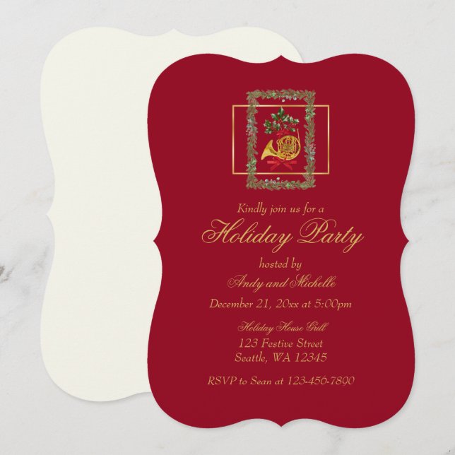 Elegant French Horn Christmas Maroon Flat Card (Fram/baksida)