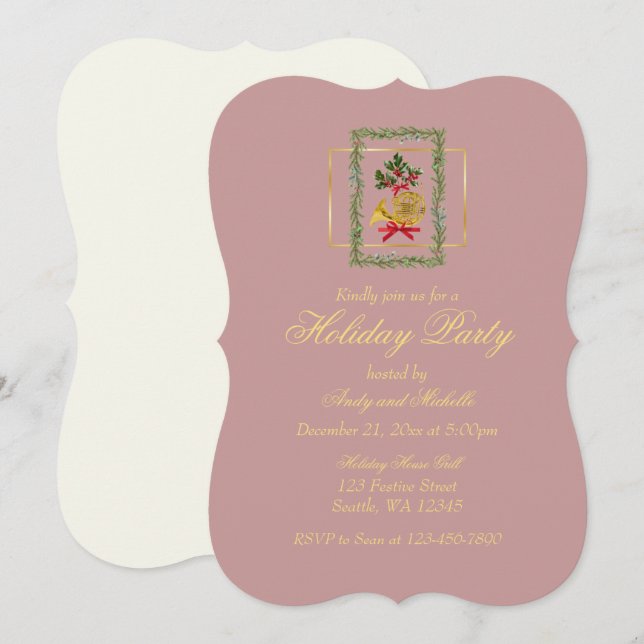 Elegant French Horn Christmas Mauve Flat Card (Fram/baksida)
