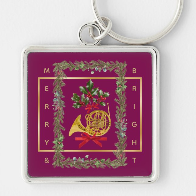Elegant French Horn Christmas Purple Fyrkantig Silverfärgad Nyckelring (Framsidan)
