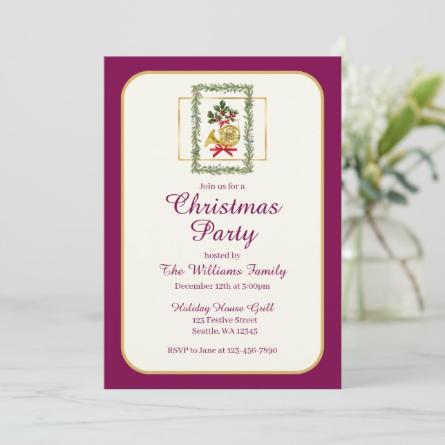 Elegant French Horn Christmas Purple Inbjudningar (Stående Fram)