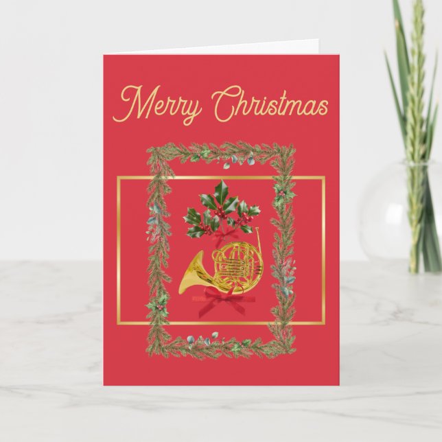 Elegant French Horn Christmas Red Helgkort (Framsida)